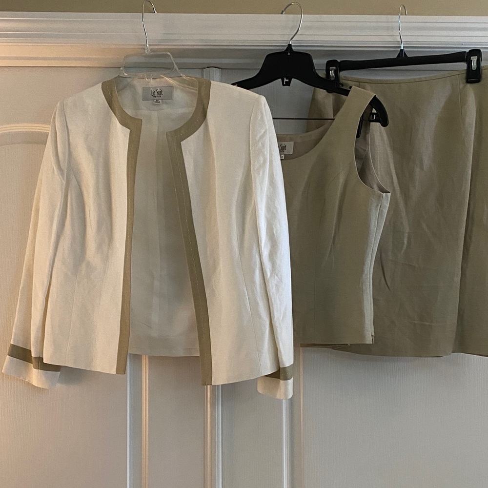 Le Suit Three-Piece Skirt Set in White and Khaki